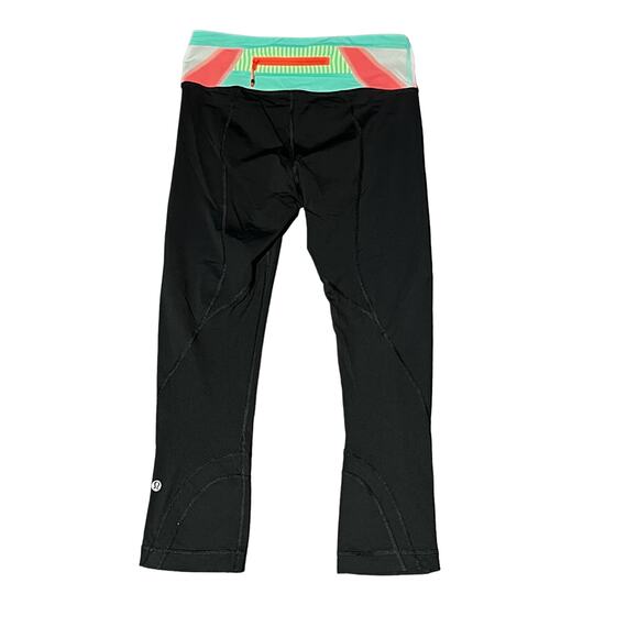 Lululemon Black Yoga Leggings with Turquoise/Coral Striped Waistband - Size 4 - Picture 8 of 16